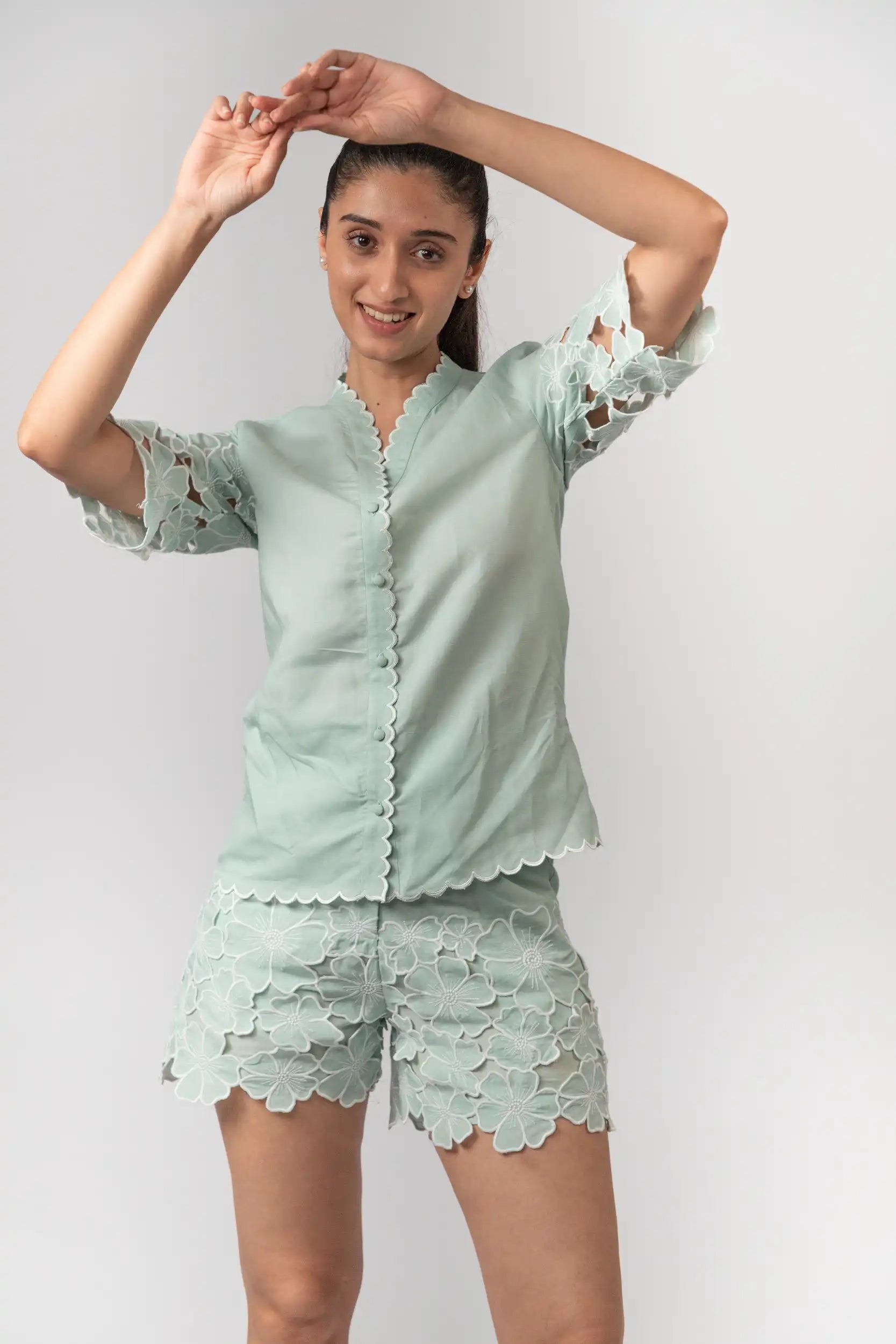 Mint Green Embroidered Shirt by THE MRCH MUSE