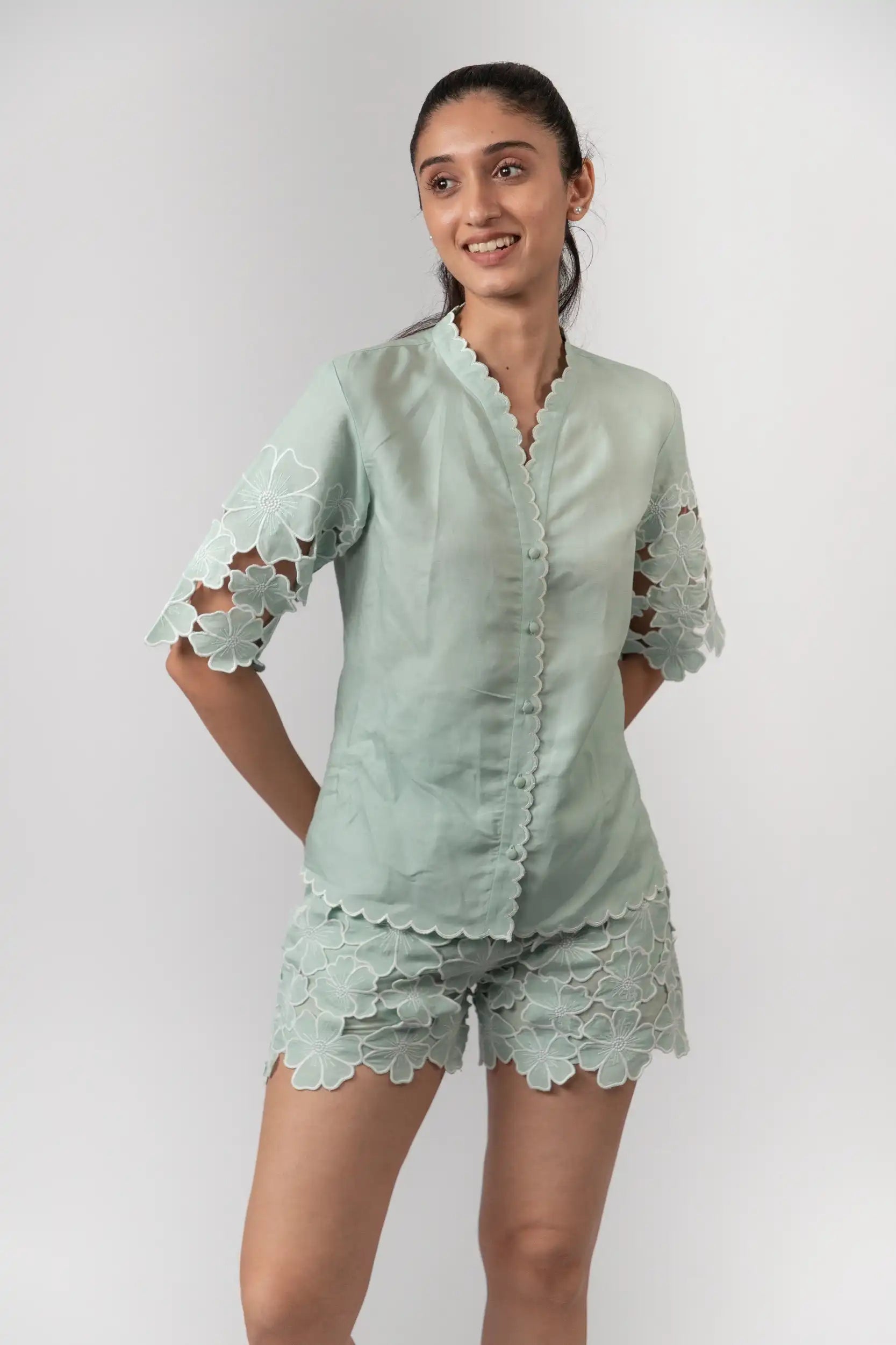 Mint Green Embroidered Shirt by THE MRCH MUSE