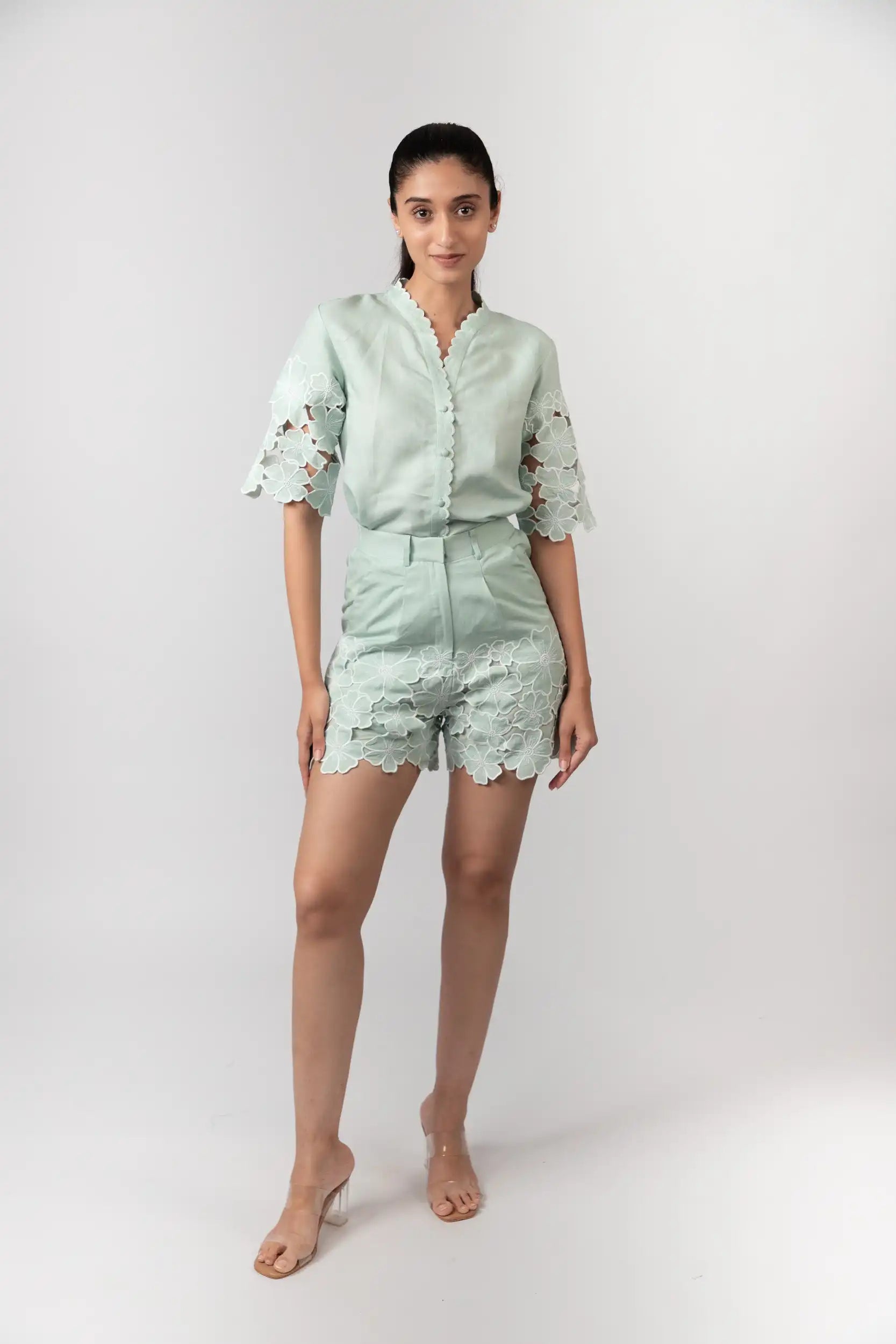 Mint Green Embroidered Shorts by THE MRCH MUSE