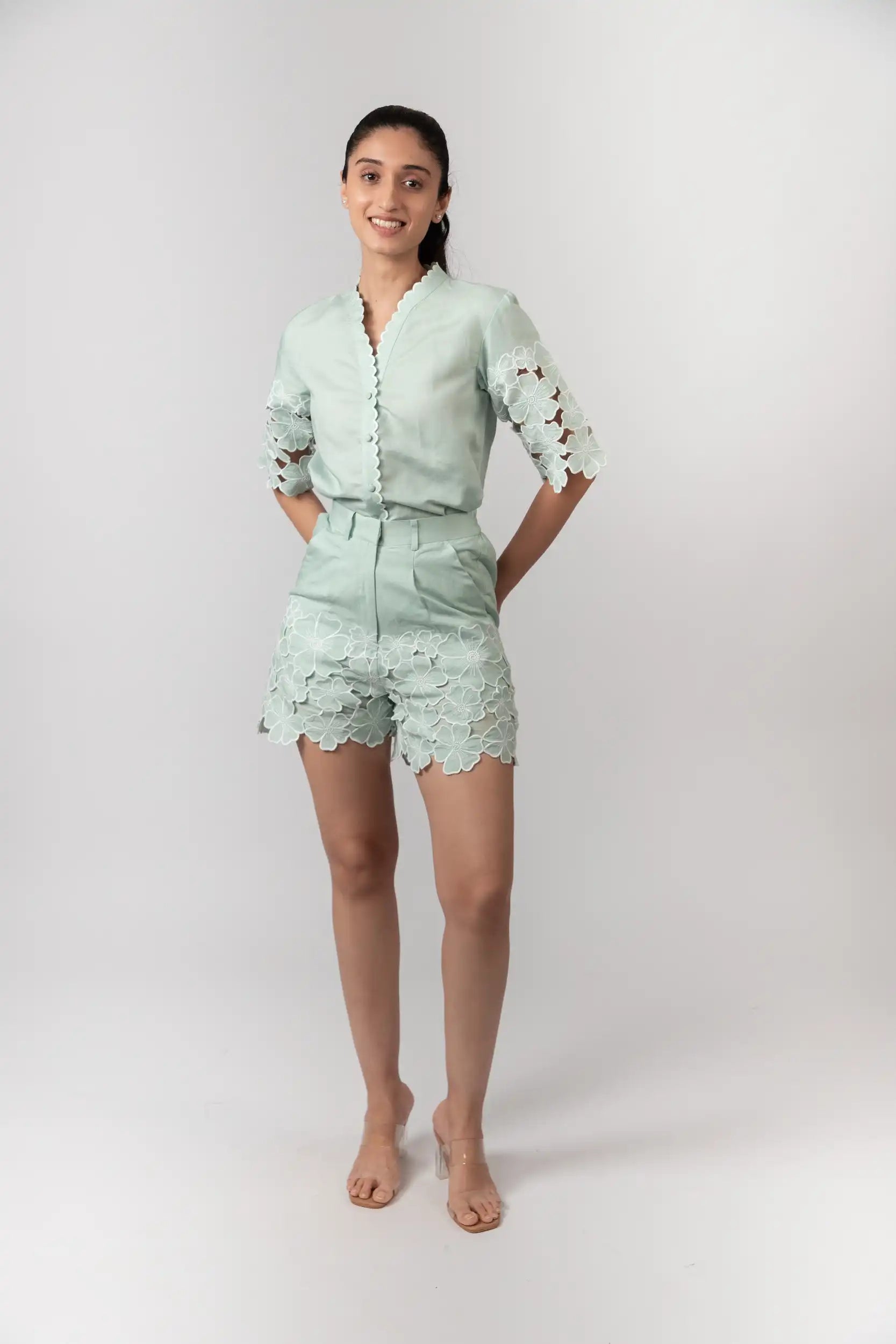 Mint Green Embroidered Shorts by THE MRCH MUSE