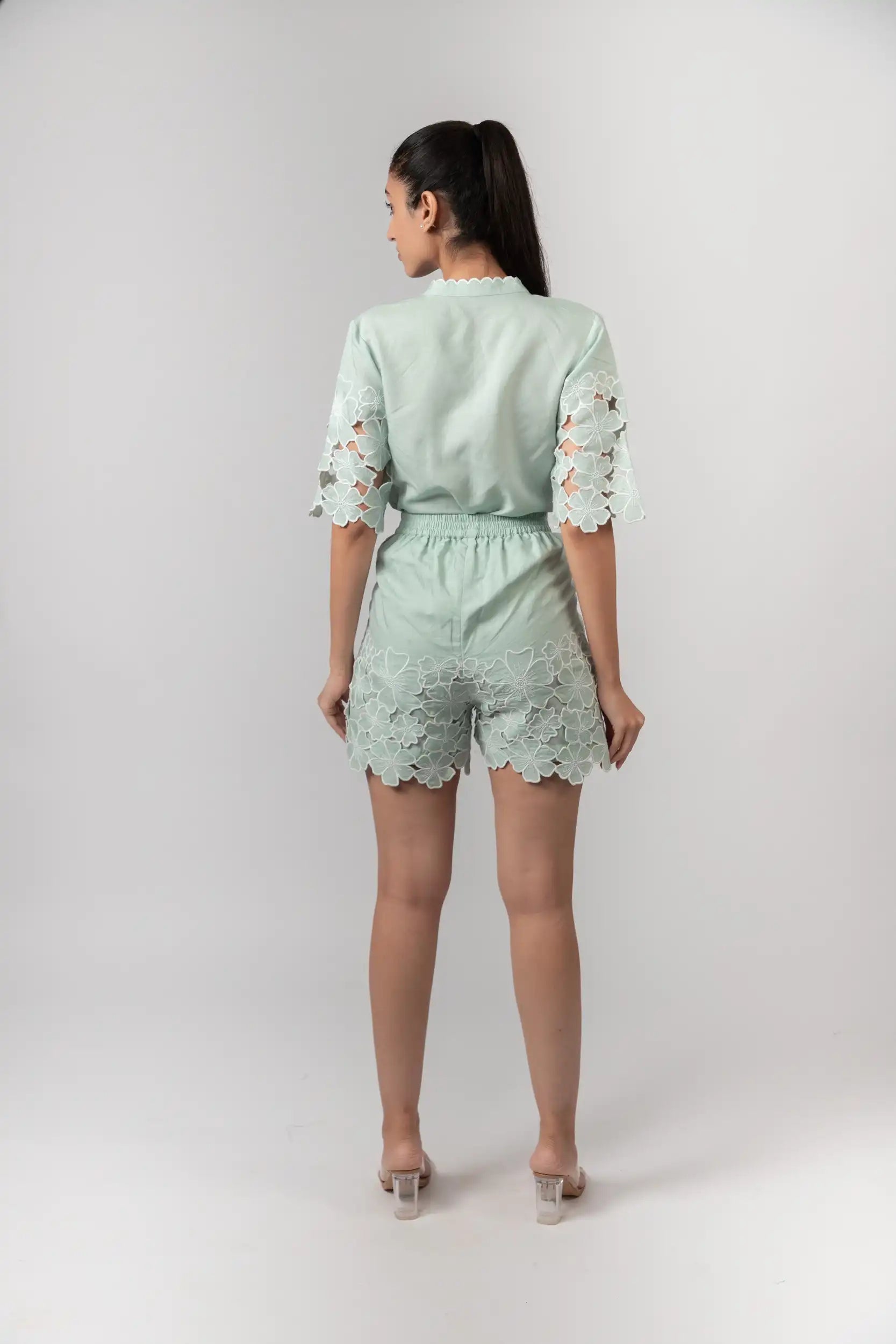 Mint Green Embroidered Shorts by THE MRCH MUSE