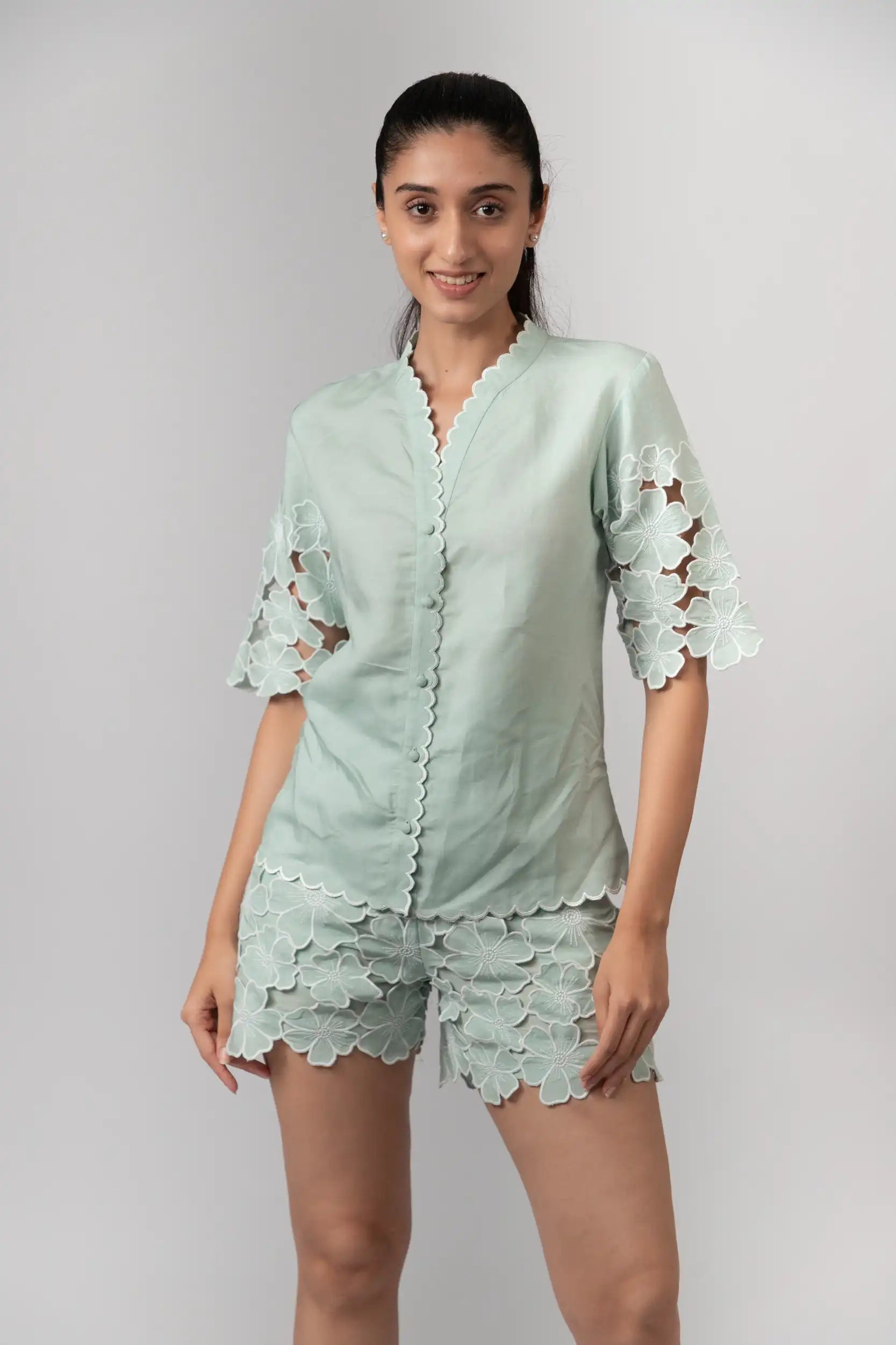 Mint Green Embroidered Shorts by THE MRCH MUSE