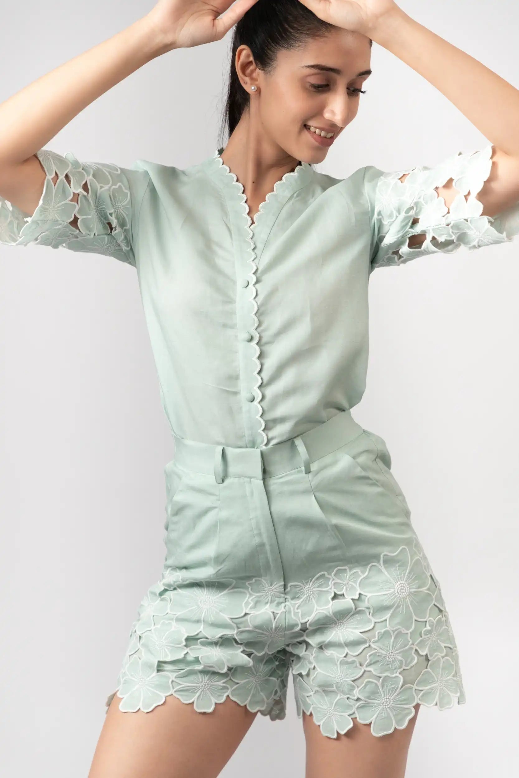 Mint Green Embroidered Shorts by THE MRCH MUSE