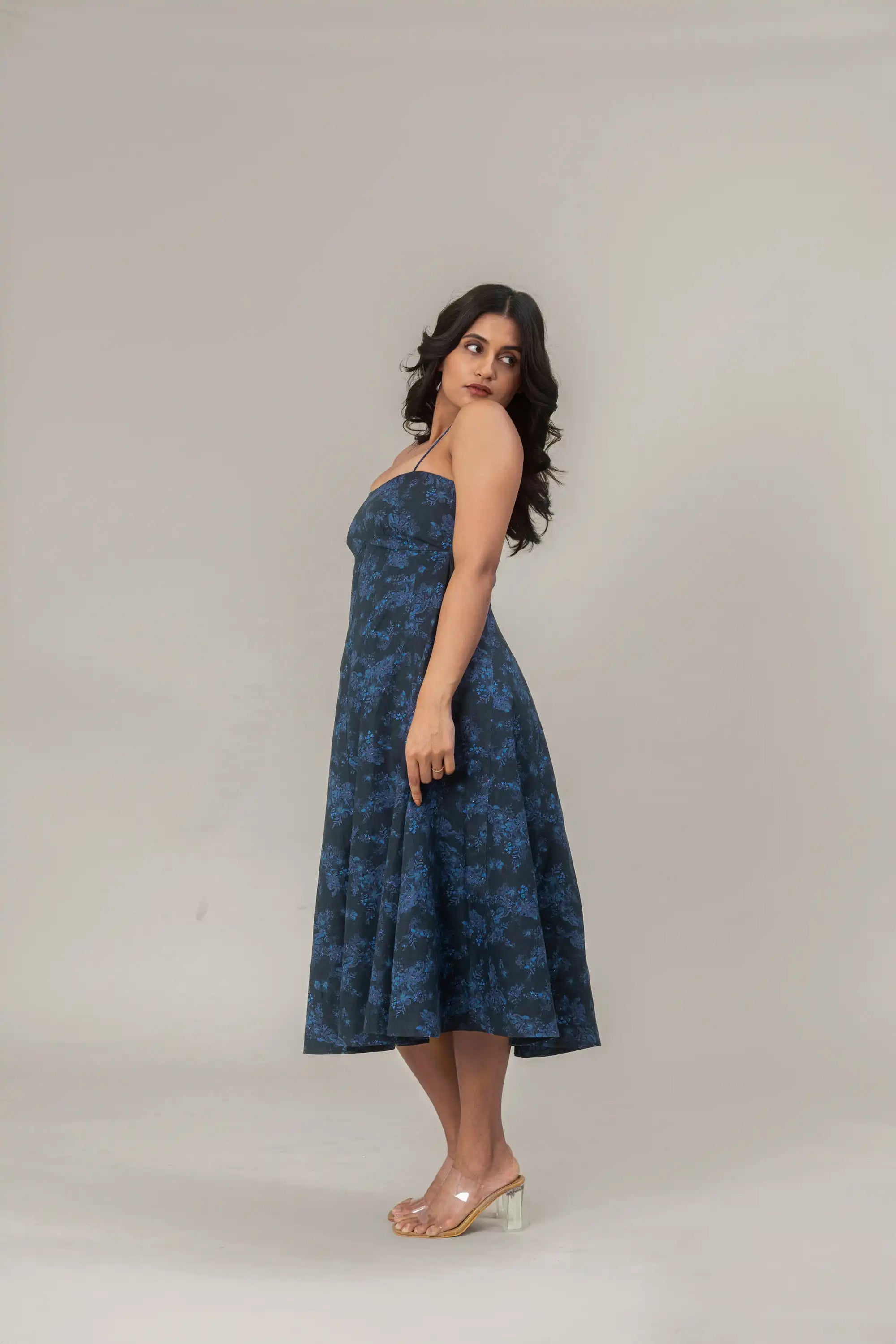 Navy Blue Floral Midi Dress by THE MRCH MUSE
