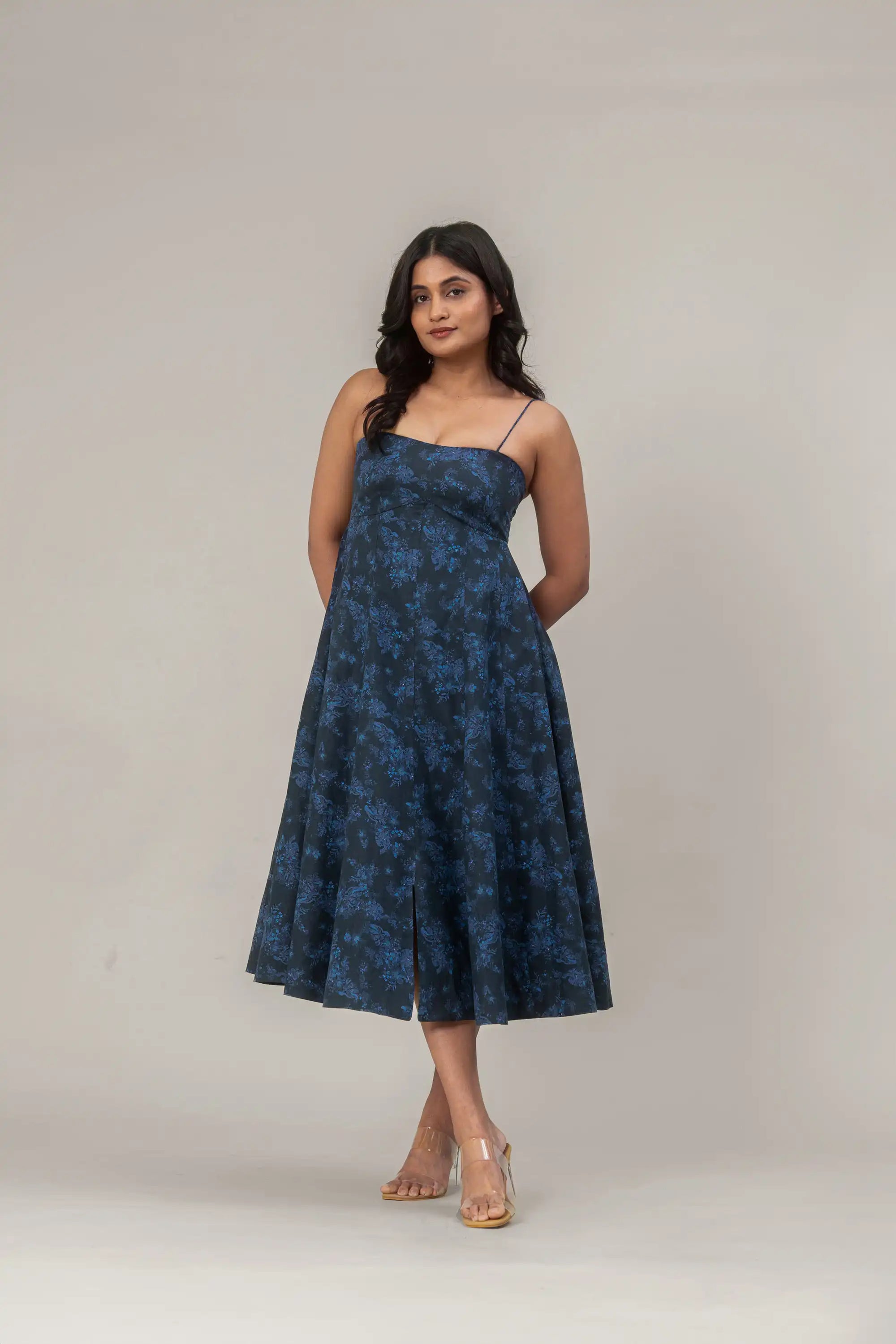 Navy Blue Floral Midi Dress by THE MRCH MUSE