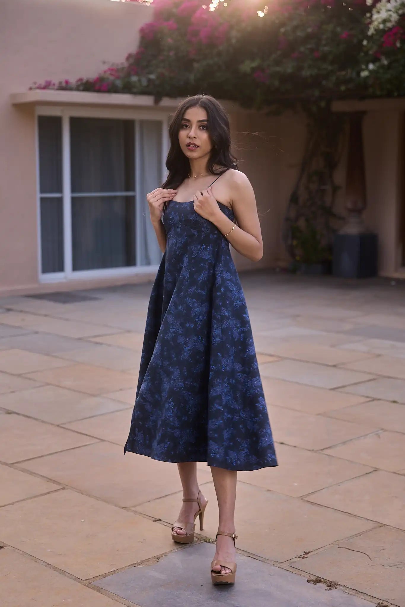 Navy Blue Floral Midi Dress by THE MRCH MUSE