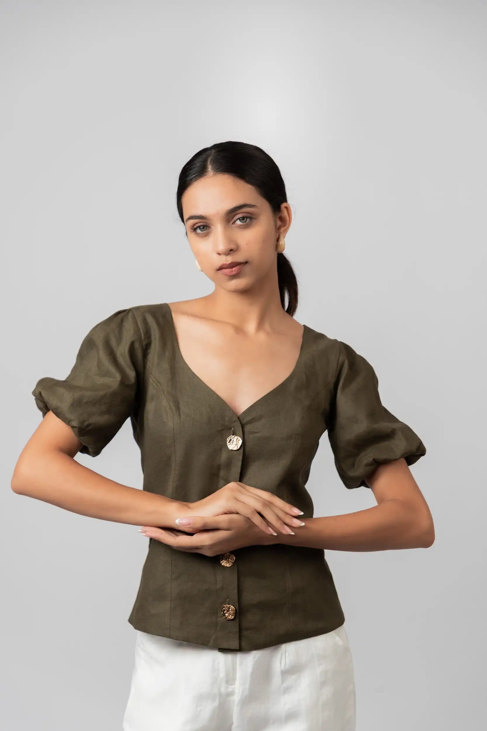 Olive Green Puff Top by THE MRCH MUSE