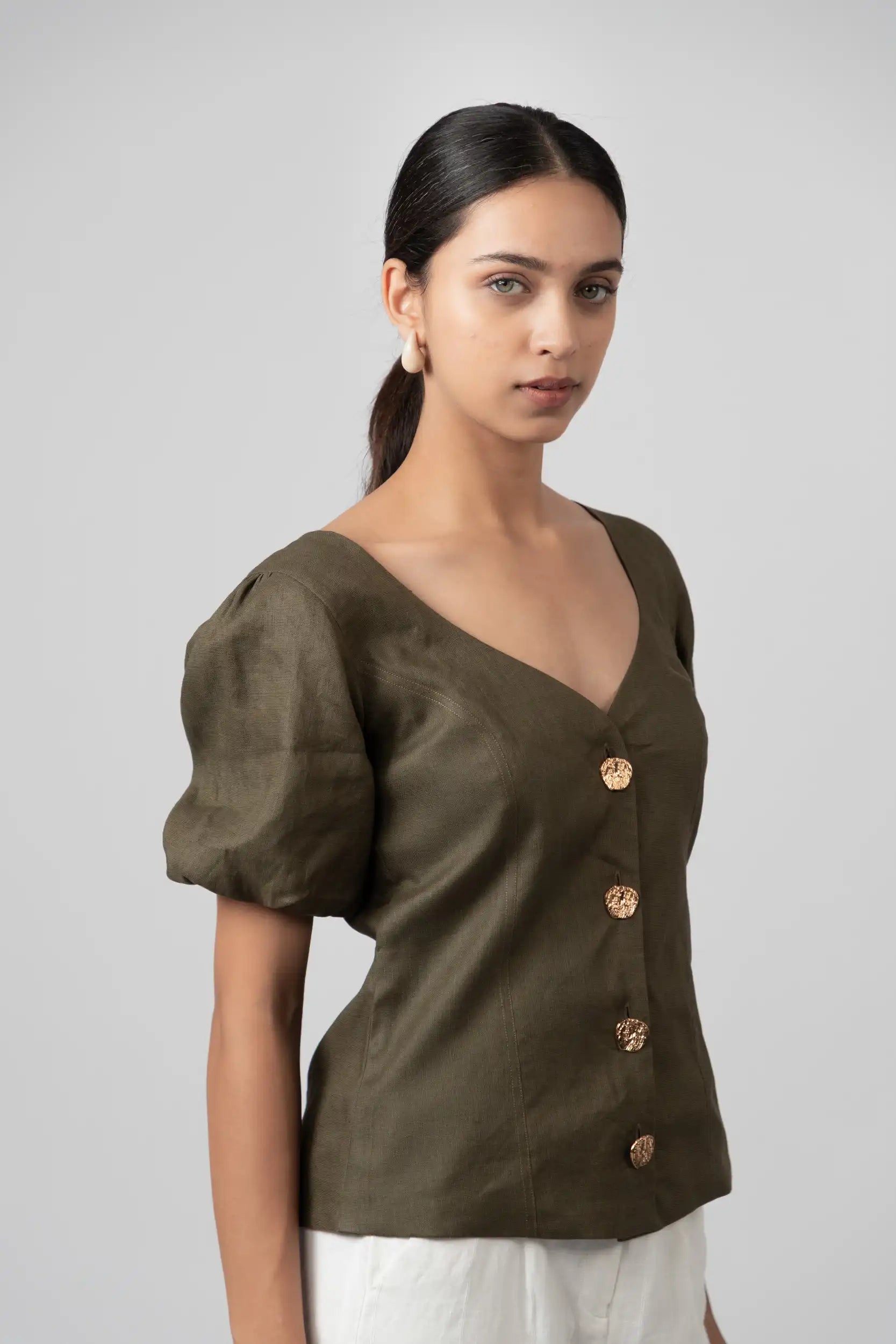 Olive Green Puff Top by THE MRCH MUSE
