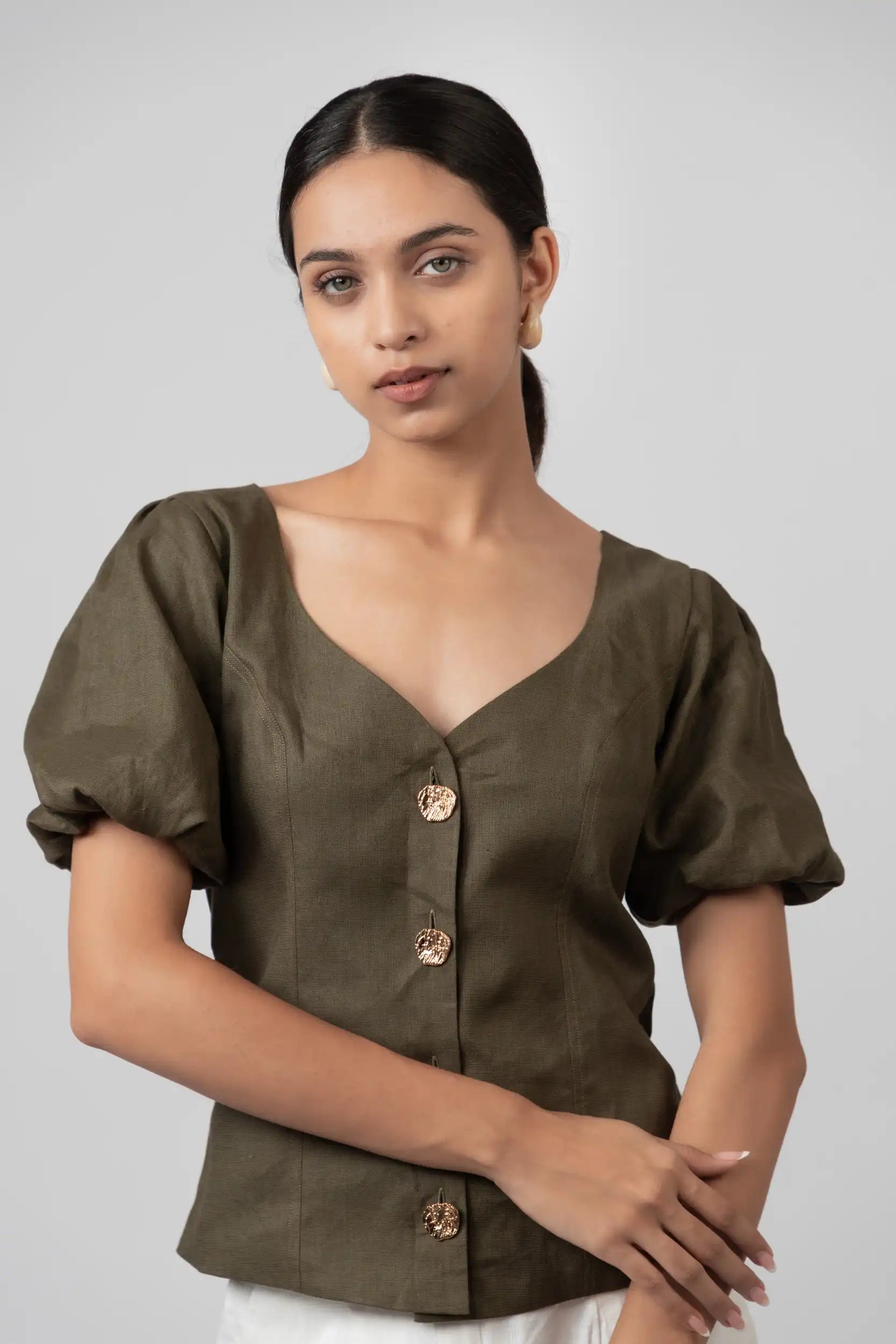 Olive Green Puff Top by THE MRCH MUSE
