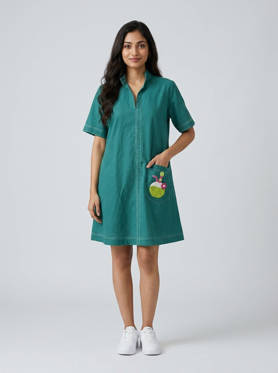 Teal Green Beaded Coconut Linen Shirt Dress by THE MRCH MUSE
