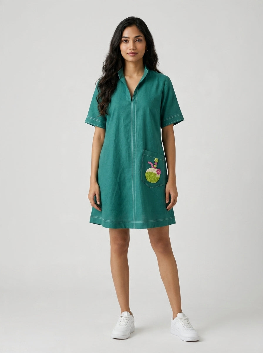 Teal Green Beaded Coconut Linen Shirt Dress by THE MRCH MUSE