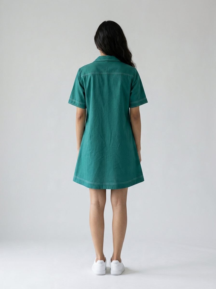 Teal Green Beaded Coconut Linen Shirt Dress by THE MRCH MUSE