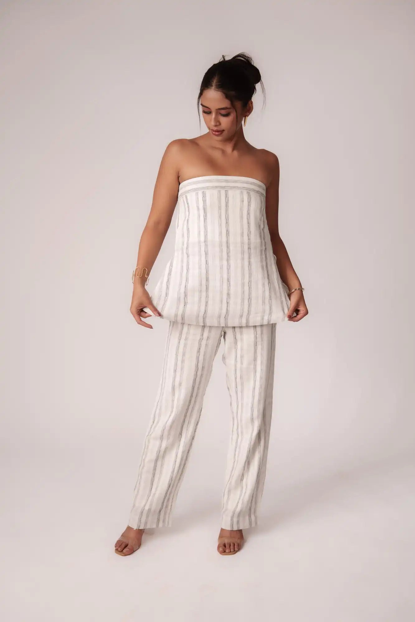 White and Black Striped Strapless Top by THE MRCH MUSE