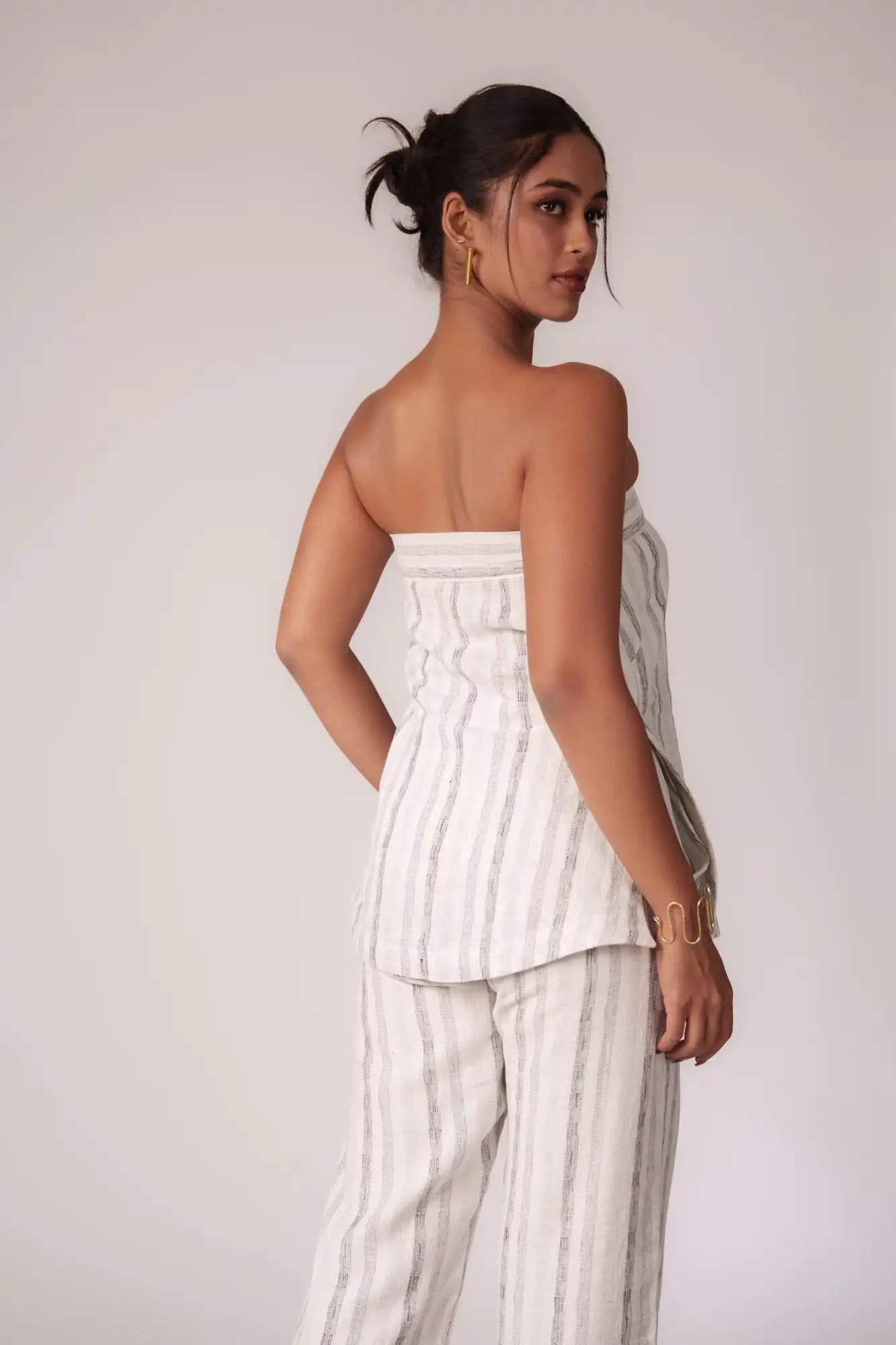 White and Black Striped Strapless Top by THE MRCH MUSE
