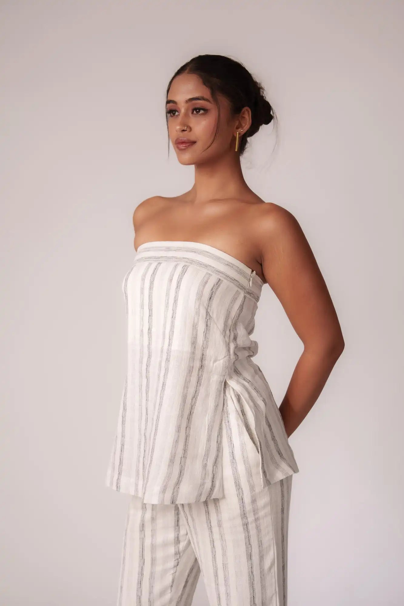 White and Black Striped Strapless Top by THE MRCH MUSE
