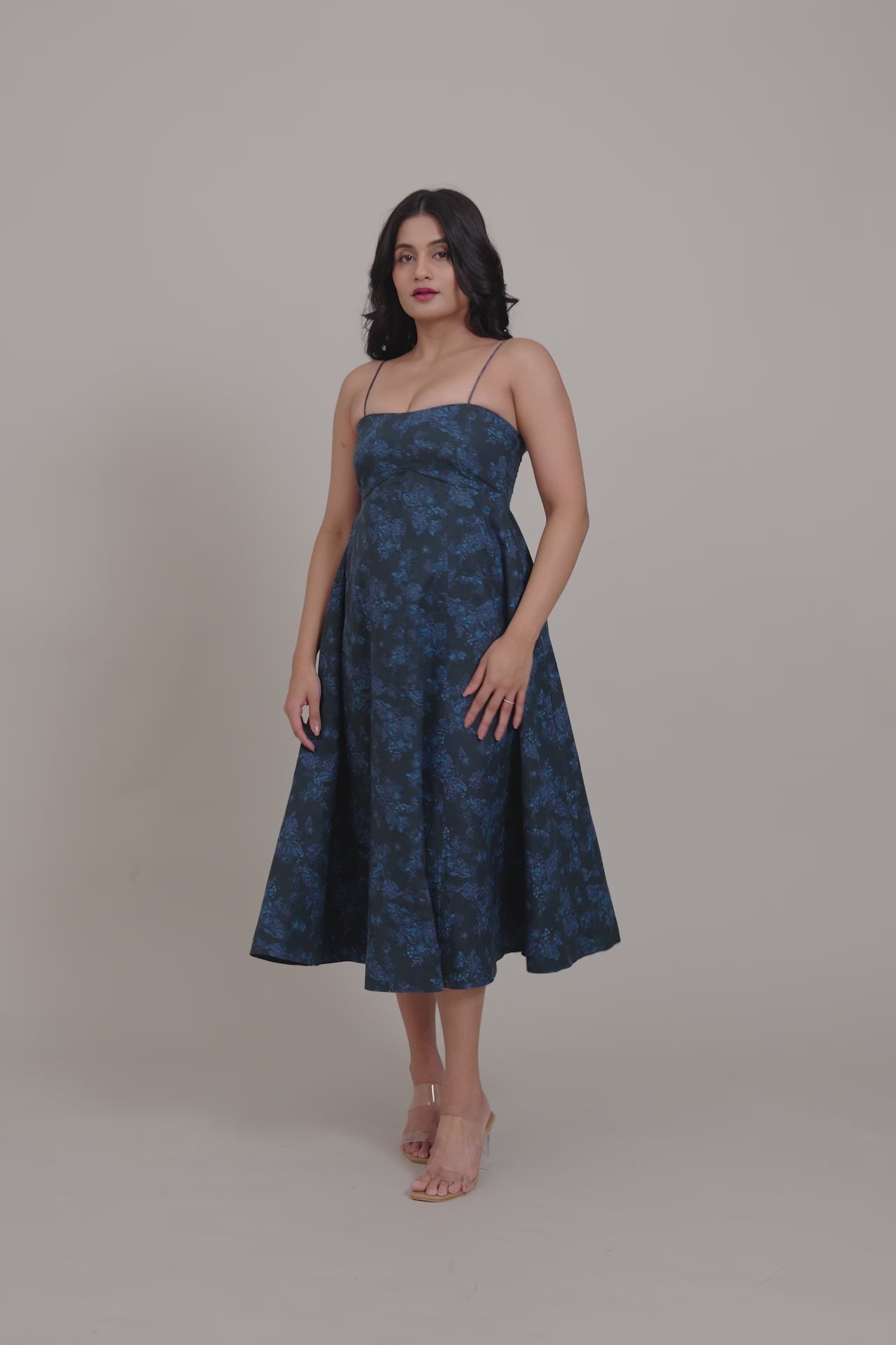 Navy Blue Floral Midi Dress by THE MRCH MUSE