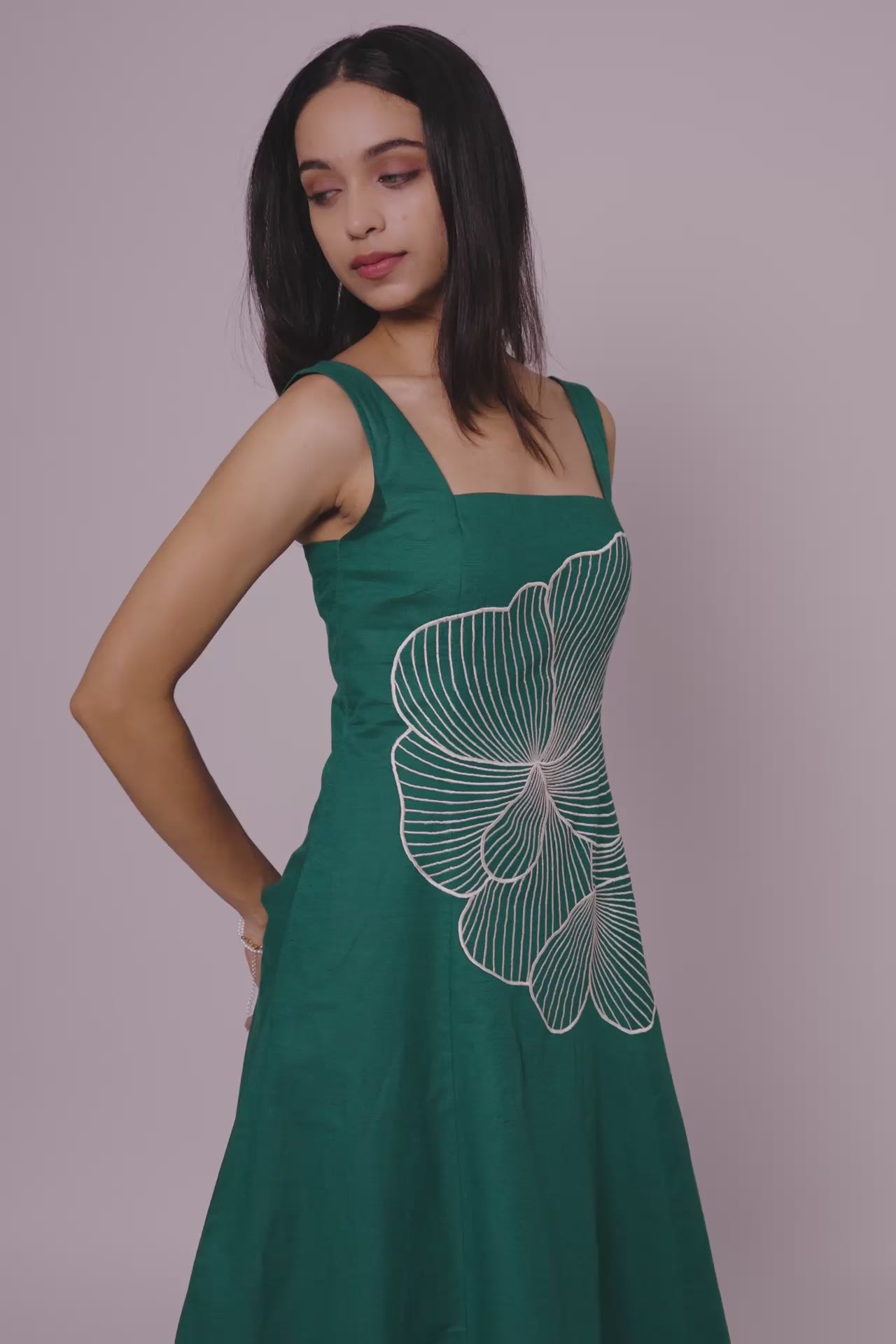 Emerald Bloom Embroidered Sleeveless Midi Dress by THE MRCH MUSE