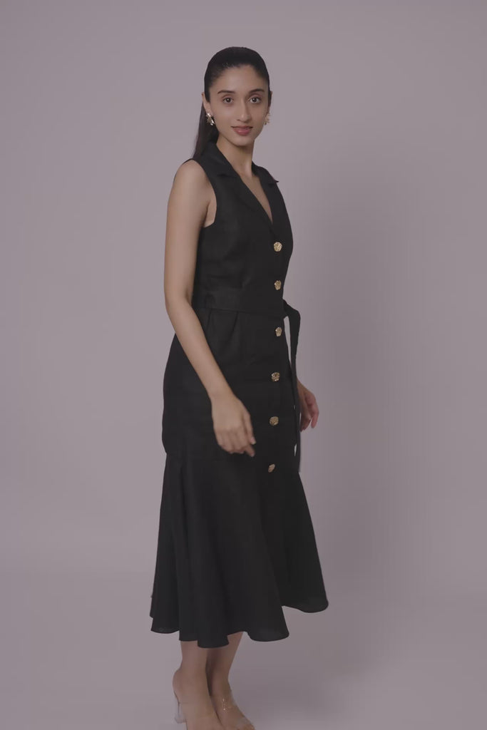 Black Linen Midi Dress by THE MRCH MUSE